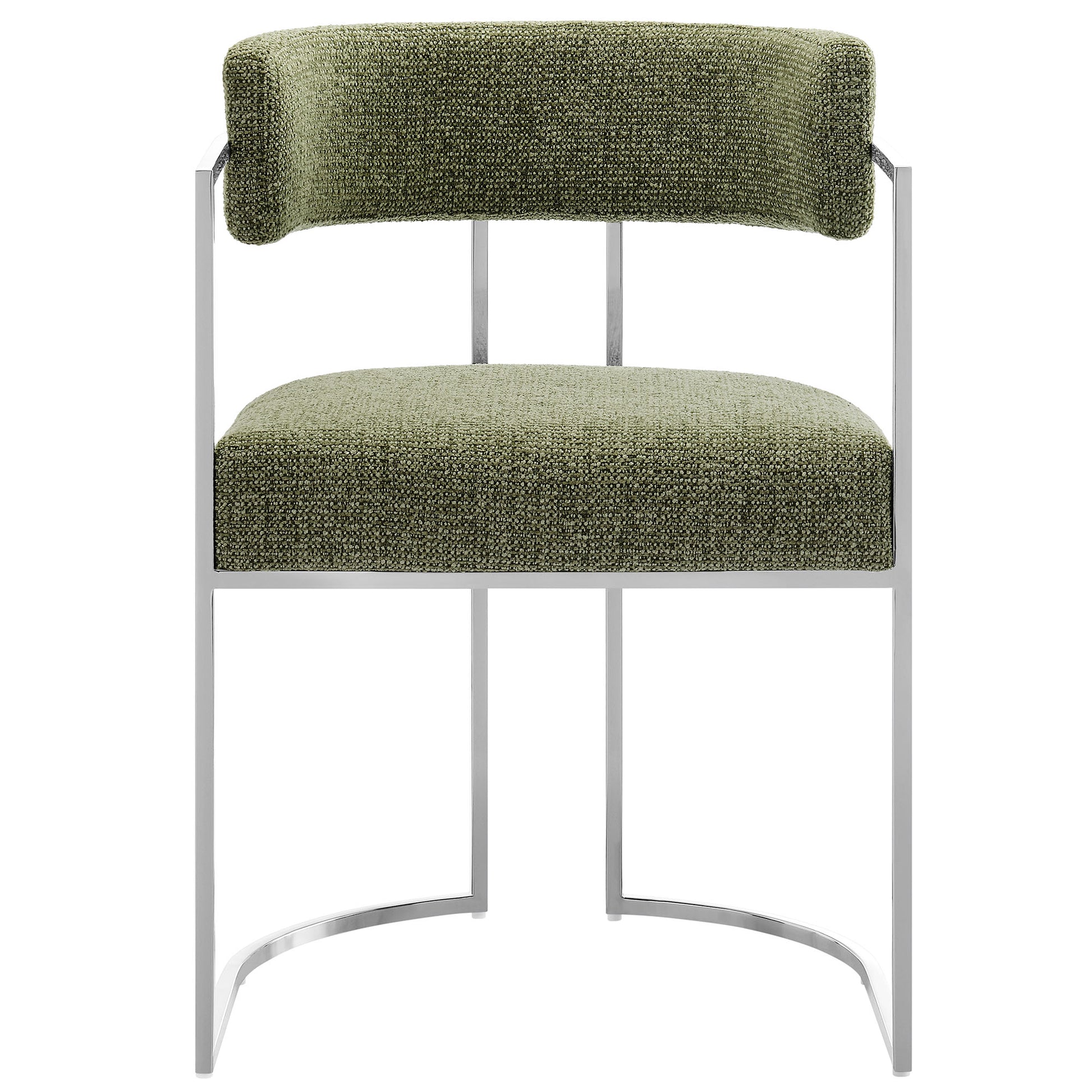 Olive green fabric upholstered dining chair with a silver metal frame and curved back.