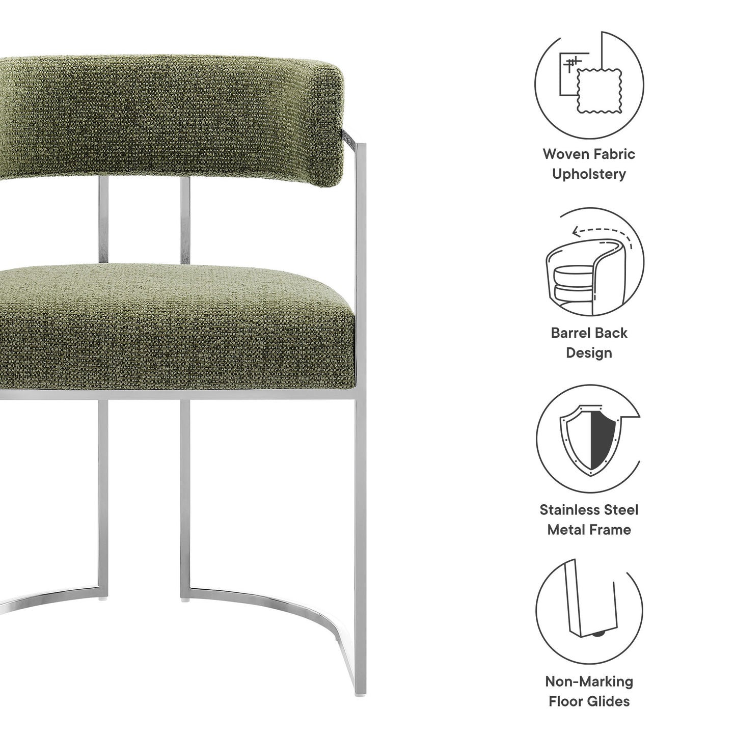 Olive green woven fabric chair with curved back design, stainless steel frame, and non-marking floor glides.