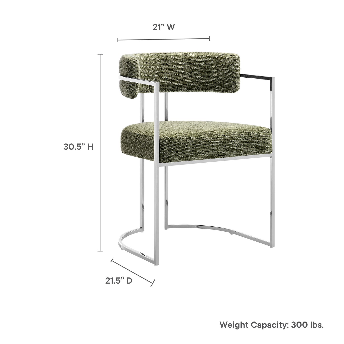 Modern silver metal frame chair with olive-green textured cushions; 30.5H x 21W x 21.5D, slim arm design.