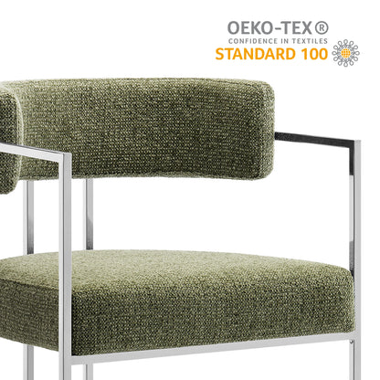 Olive green textured fabric dining chair with a curved back and chrome metal frame; OEKO-TEX STANDARD 100 logo.