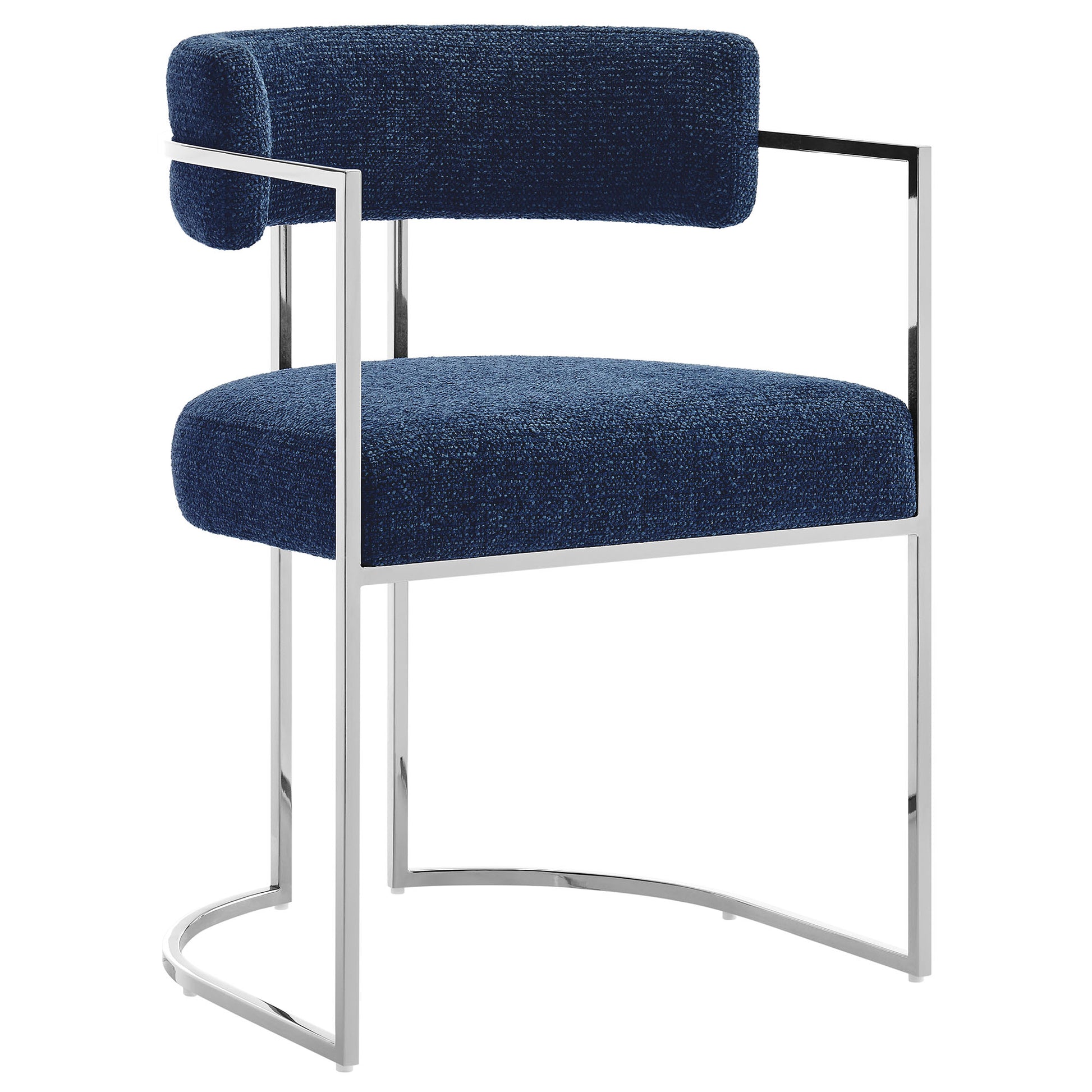 Navy blue boucle upholstered cantilever chair with chrome metal frame and curved back