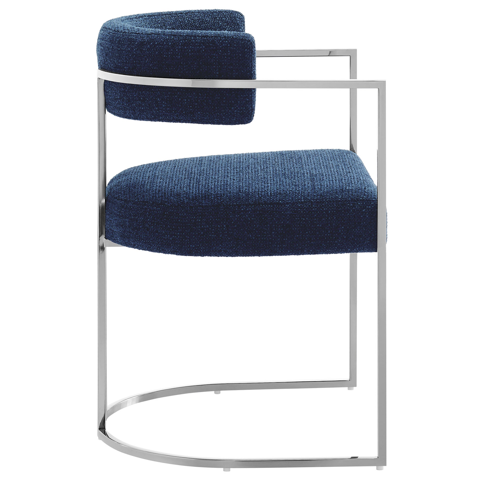 Navy blue upholstered chair with a curved back cushion on a slim silver metal cantilever frame and circular base.