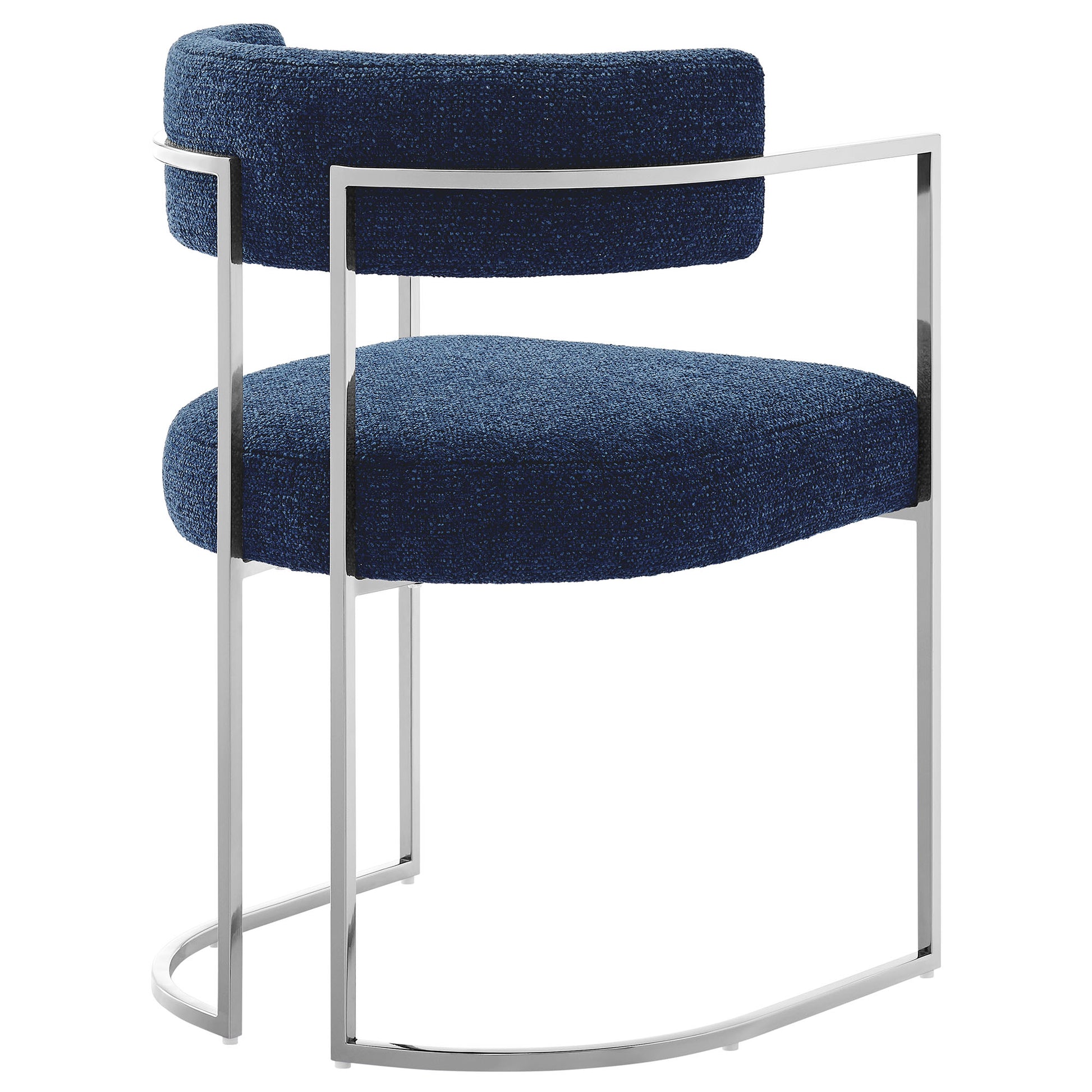 Navy-blue fabric dining accent chair with a curved back and silver metal frame.