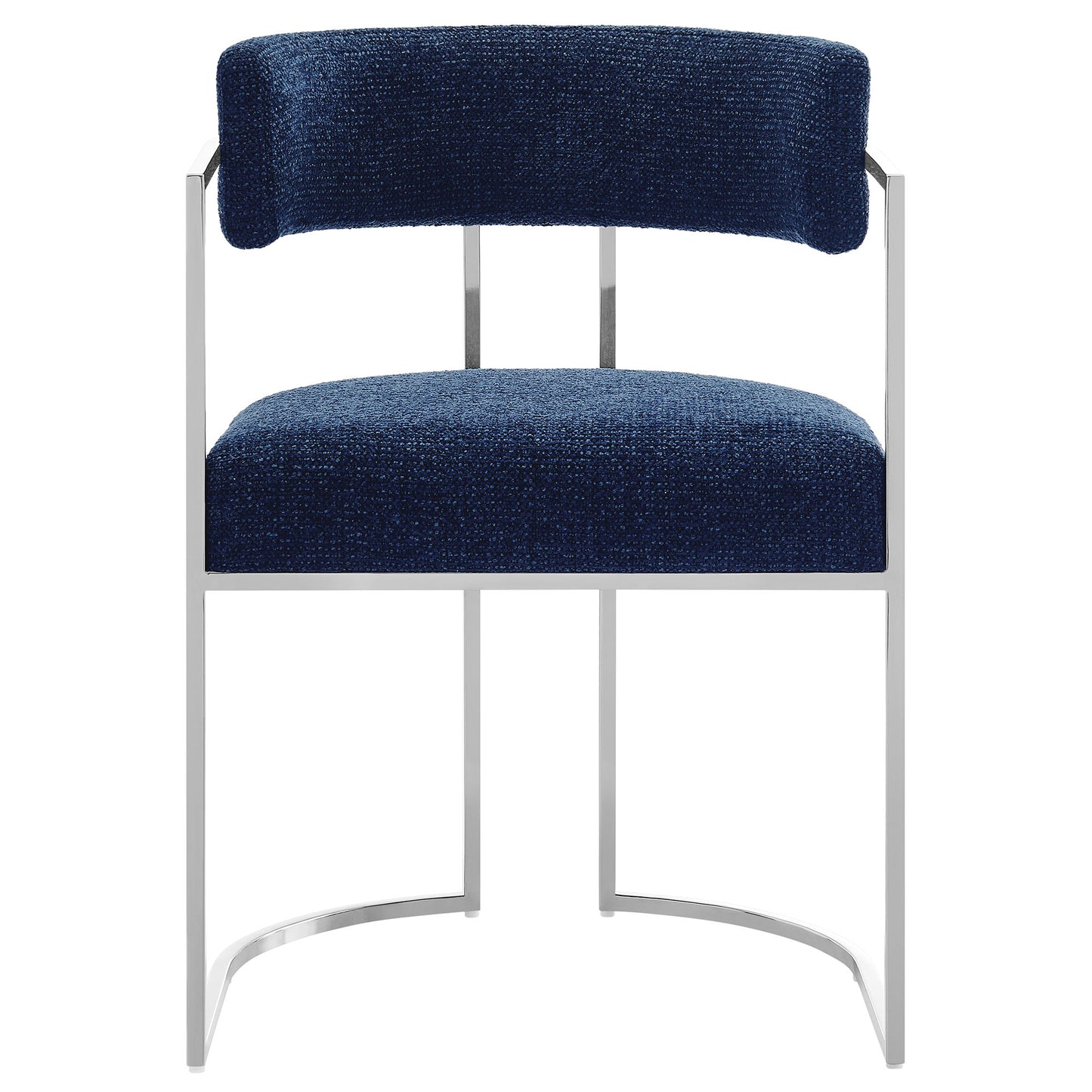 Navy blue upholstered dining chair with a silver metal cantilever frame and cushioned back and seat.