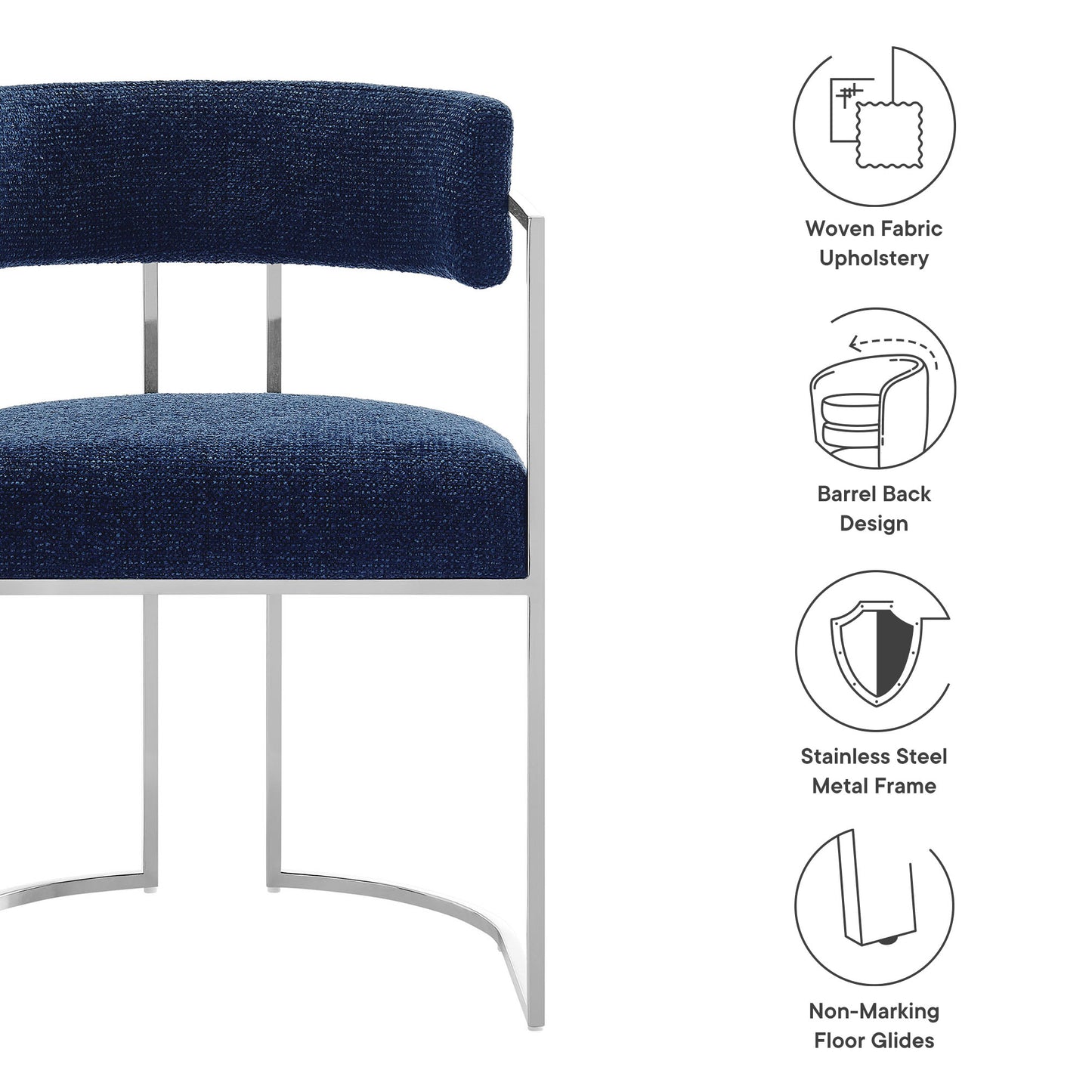 Navy woven fabric upholstered chair with barrel back, stainless steel frame and non-marking floor glides.