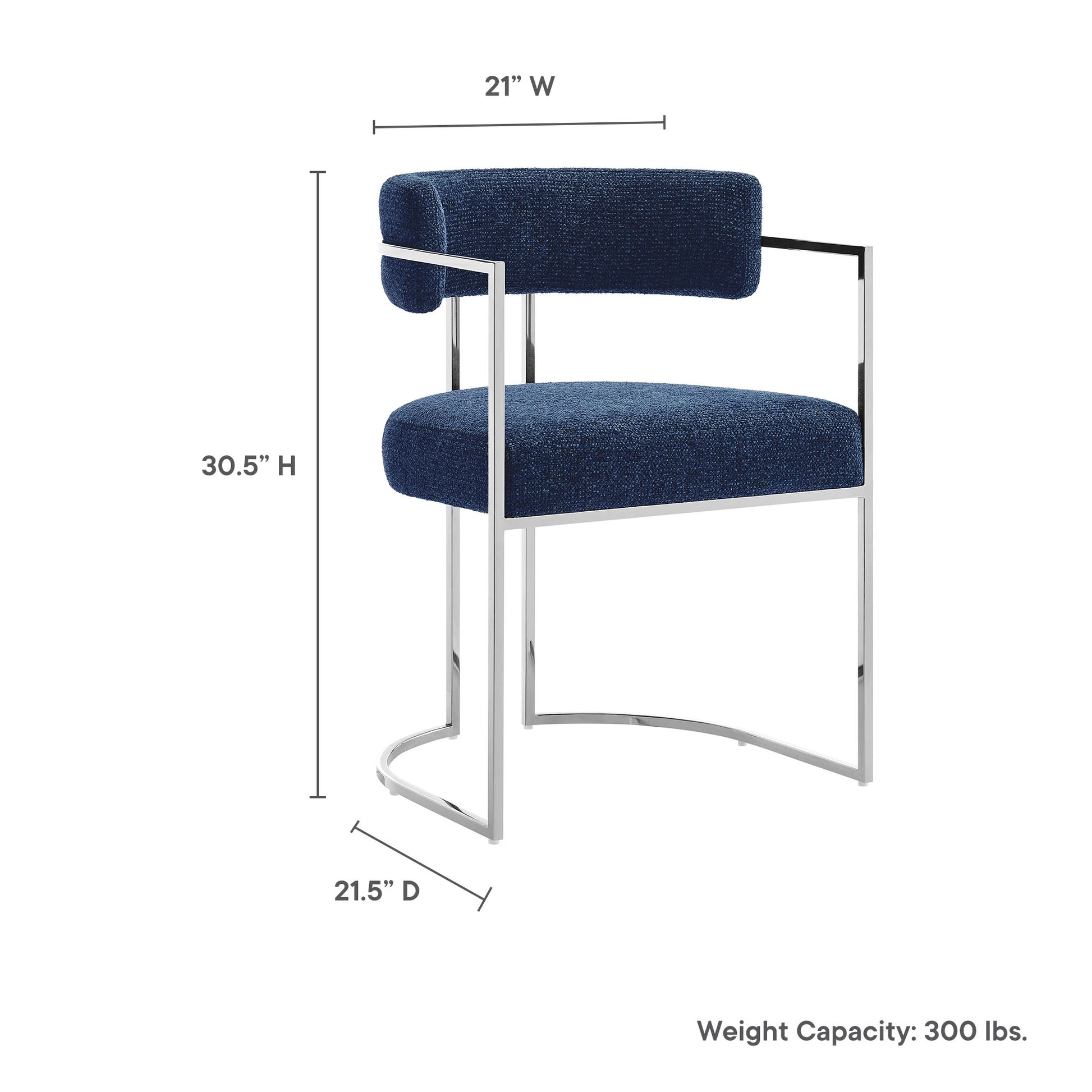 Navy blue fabric seat and curved back cushion on a silver chrome cantilever frame with black arm caps; modern dining chair.