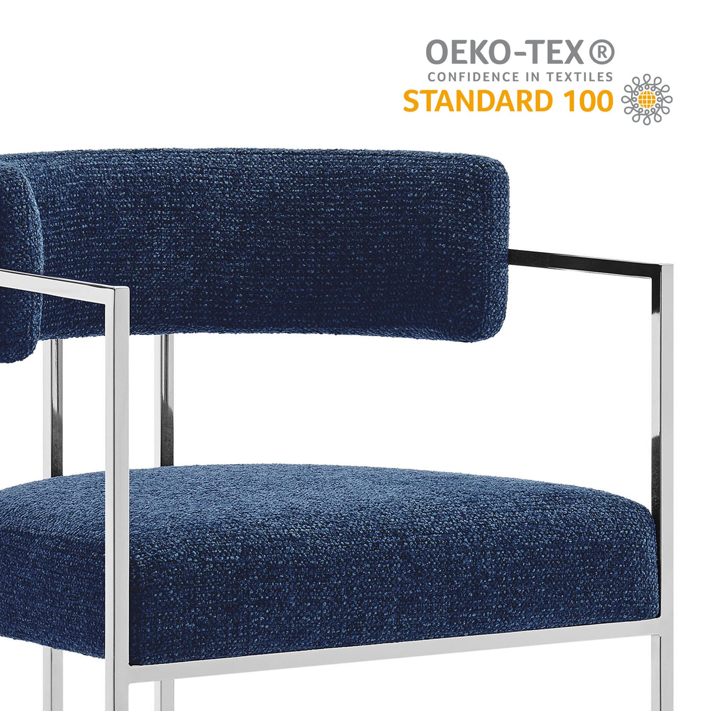 Navy blue textured fabric dining chair with a curved back & slim silver metal frame.