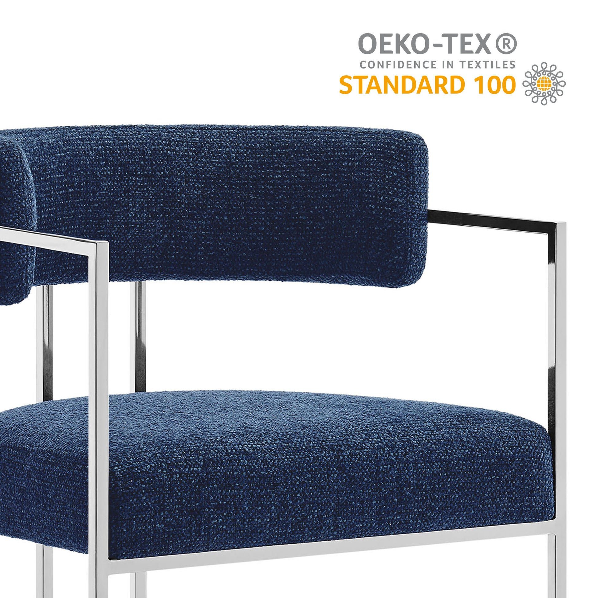 Navy blue textured fabric dining chair with a curved back & slim silver metal frame.