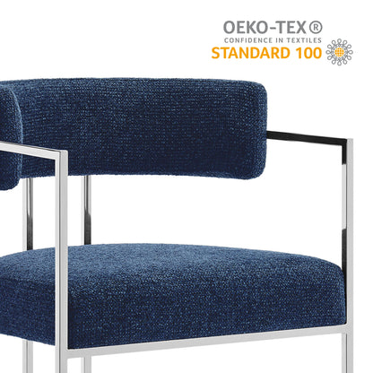 Navy blue textured fabric dining chair with a curved back & slim silver metal frame.