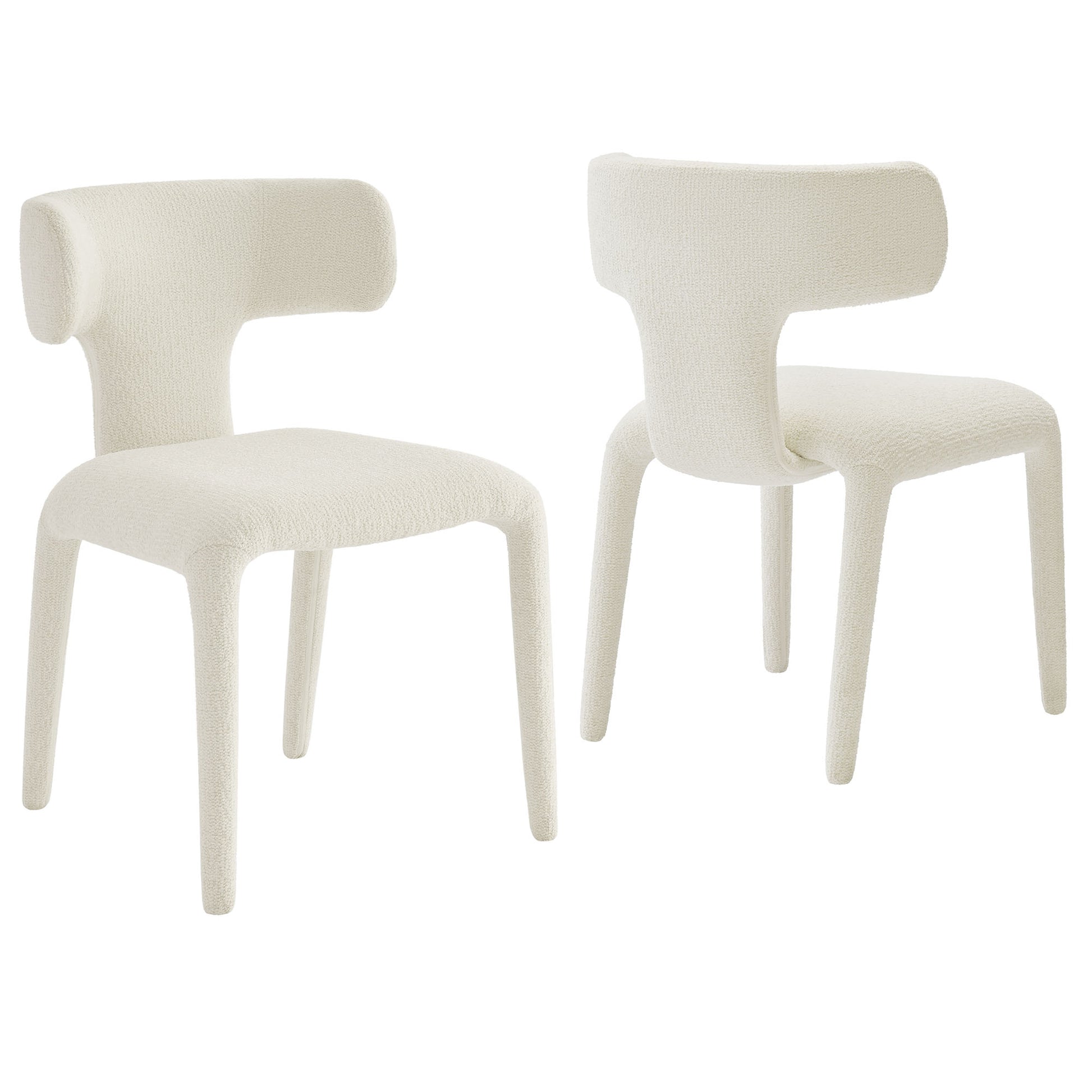 Cream textured upholstered chairs with wraparound back resting on four tapered legs, modern sculptural silhouette.