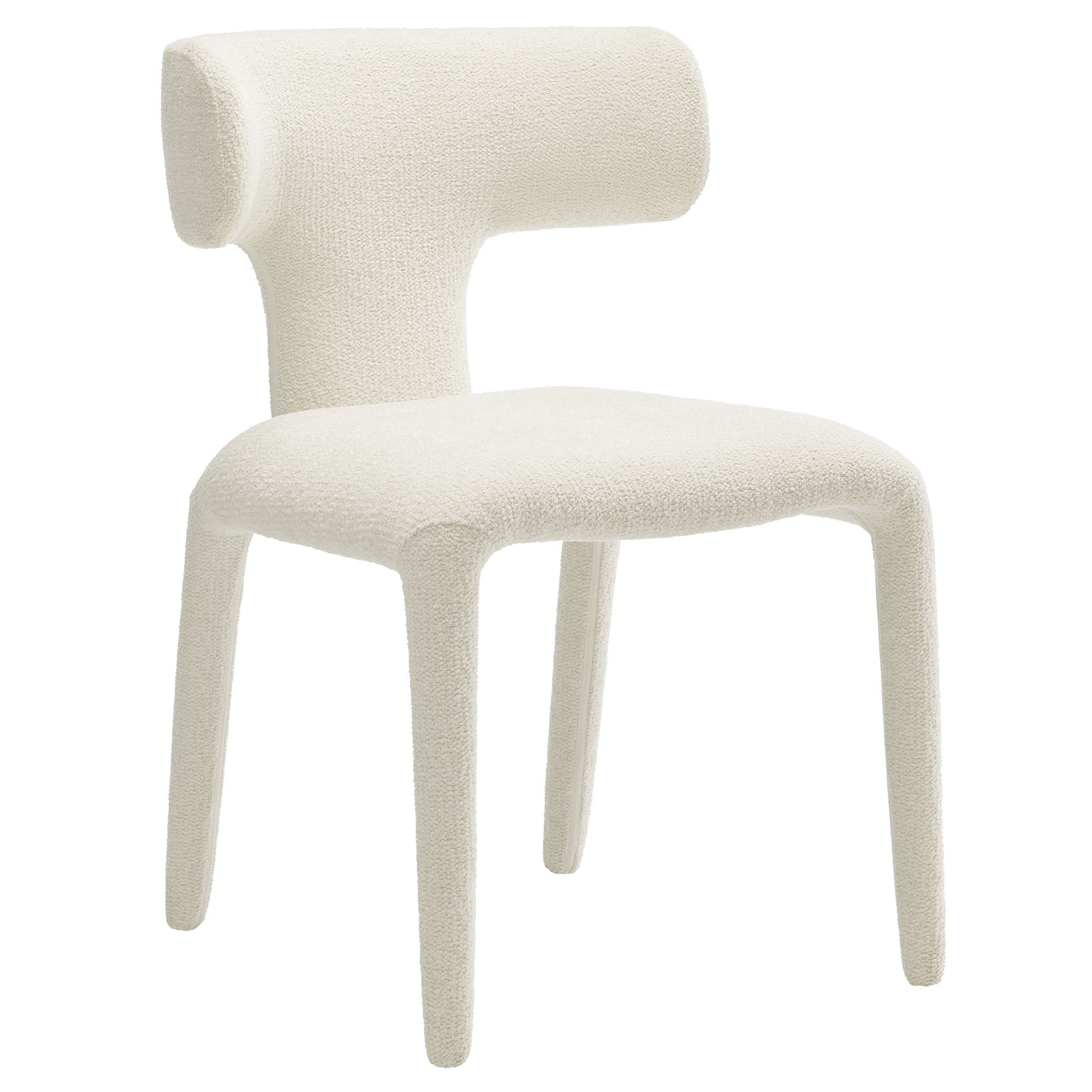 Cream boucle upholstered dining chair with tubular curved backrest and four rounded legs.