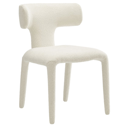 Cream boucle upholstered dining chair with tubular curved backrest and four rounded legs.