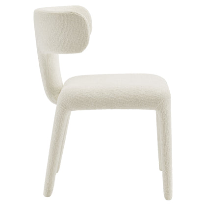 White boucle upholstered dining chairs set of 2 with curved back and four tapered legs.