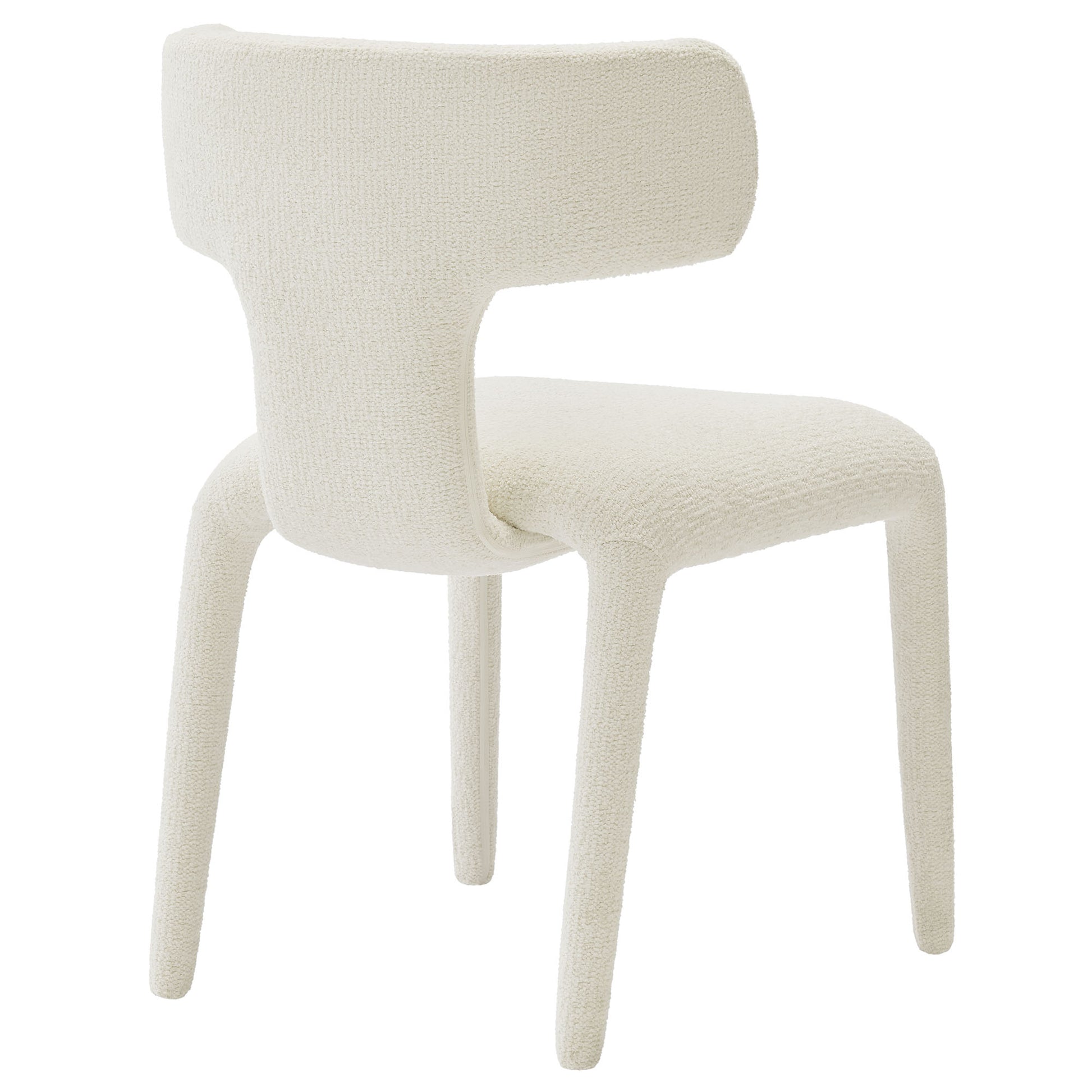 White boucle upholstered dining chairs with curved backs and four tapered legs; modern mid-century pair.