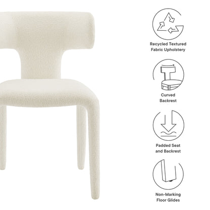 Cream molded chair with curved backrest and padded seat; recycled textured fabric upholstery, non-marking floor glides.