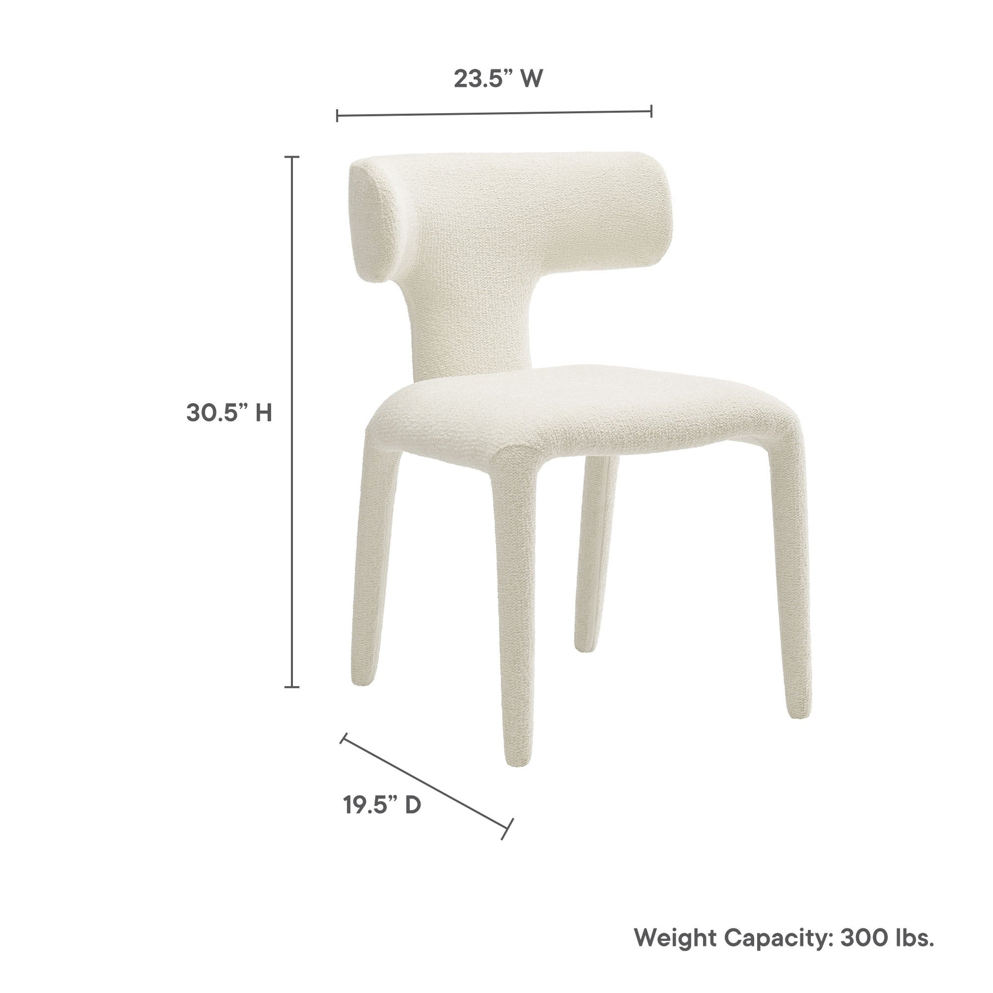 White boucle upholstered dining chair with curved backrest and four legs; 23.5"W x 30.5"H x 19.5"D.
