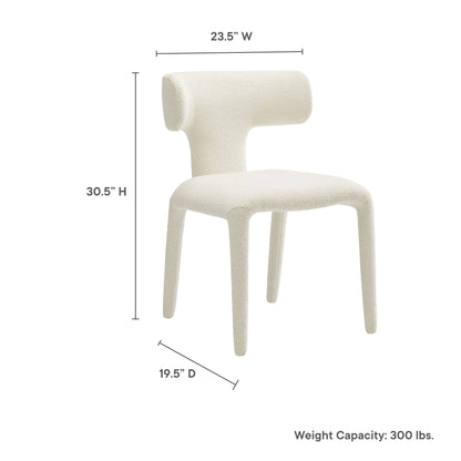 White boucle upholstered dining chair with curved backrest and four legs; 23.5"W x 30.5"H x 19.5"D.