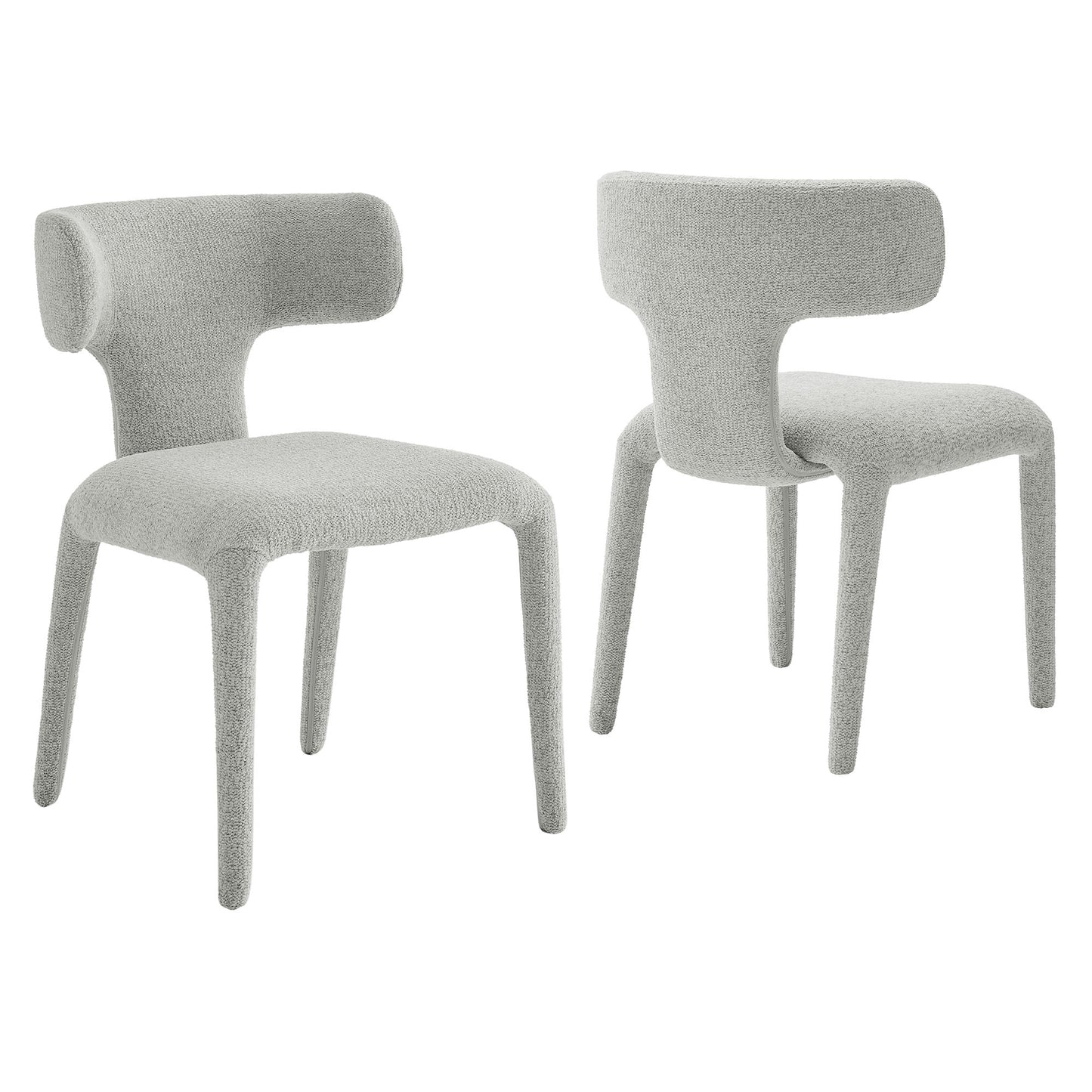 Pair of light gray boucle upholstered dining chairs with curved backs and tapered legs.