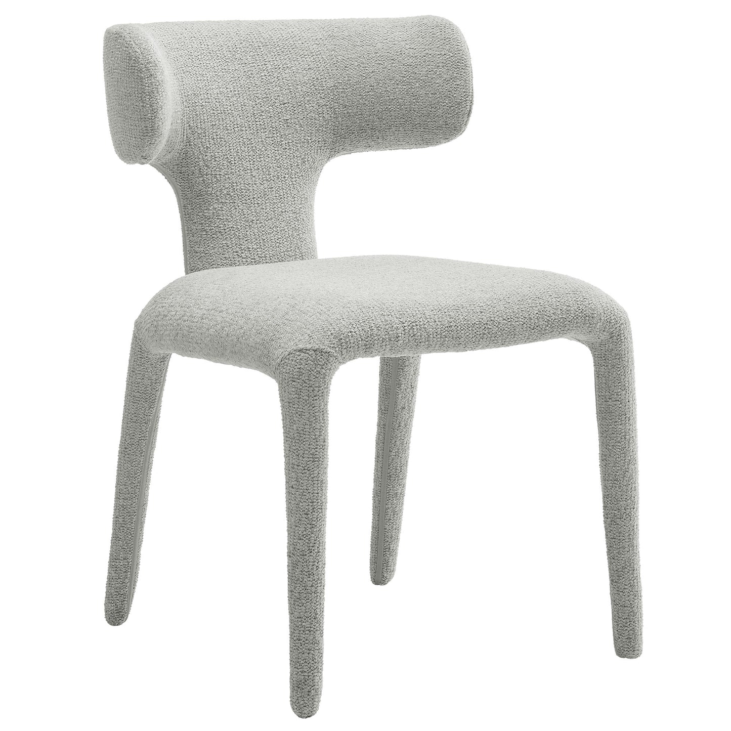 Light dove gray boucle upholstered dining chairs with curved backs and tapered legs.