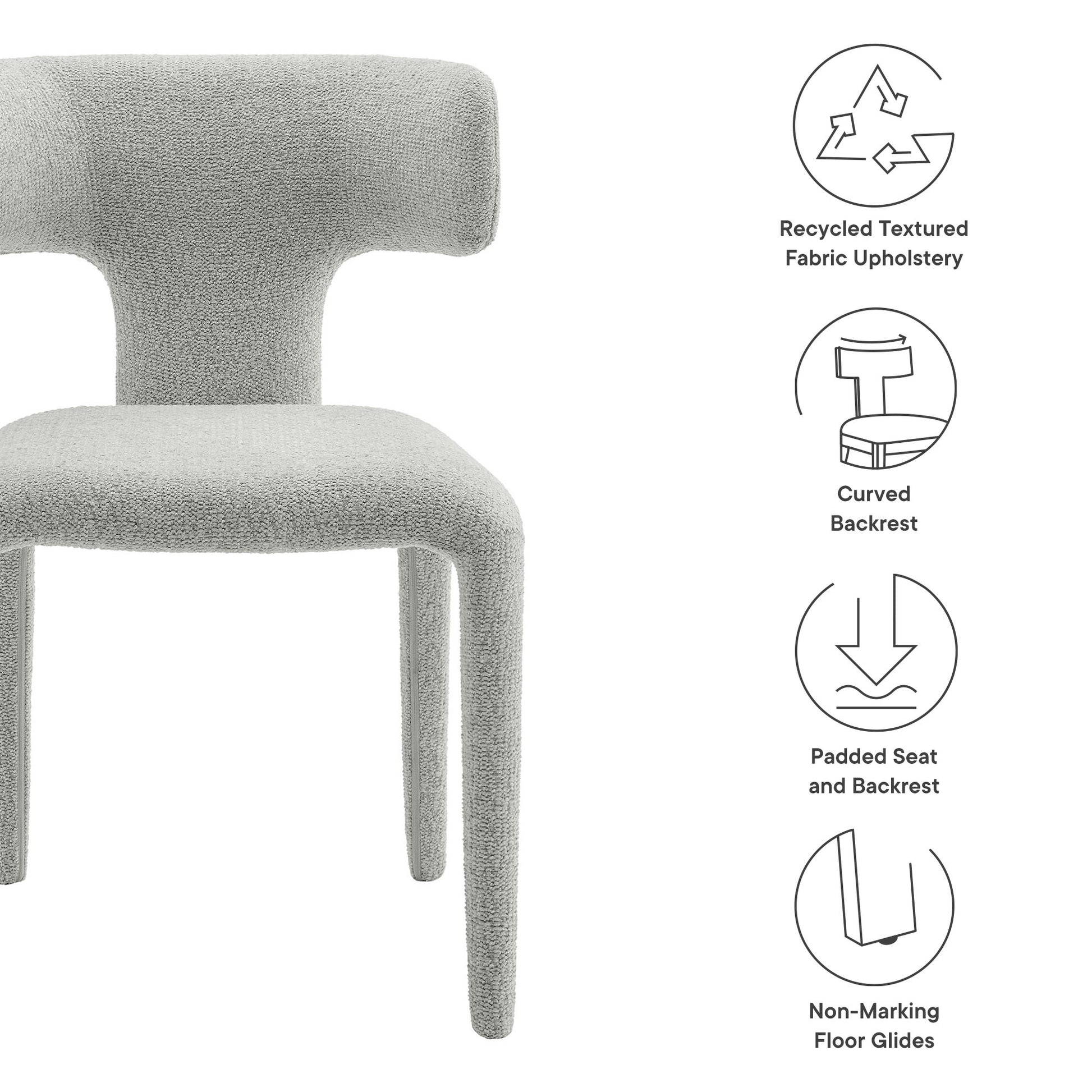 Light gray boucle upholstered curved-back dining chair with padded seat and non-marking floor glides.