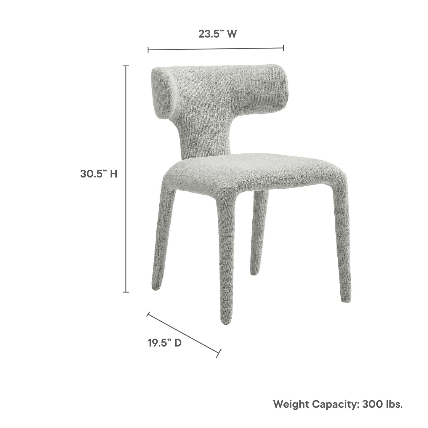 Gray boucle upholstered dining chair with curved back and tapered legs; 23.5W x 30.5H x 19.5D; 300 lb weight capacity