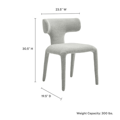 Gray boucle upholstered dining chair with curved back and tapered legs; 23.5W x 30.5H x 19.5D; 300 lb weight capacity