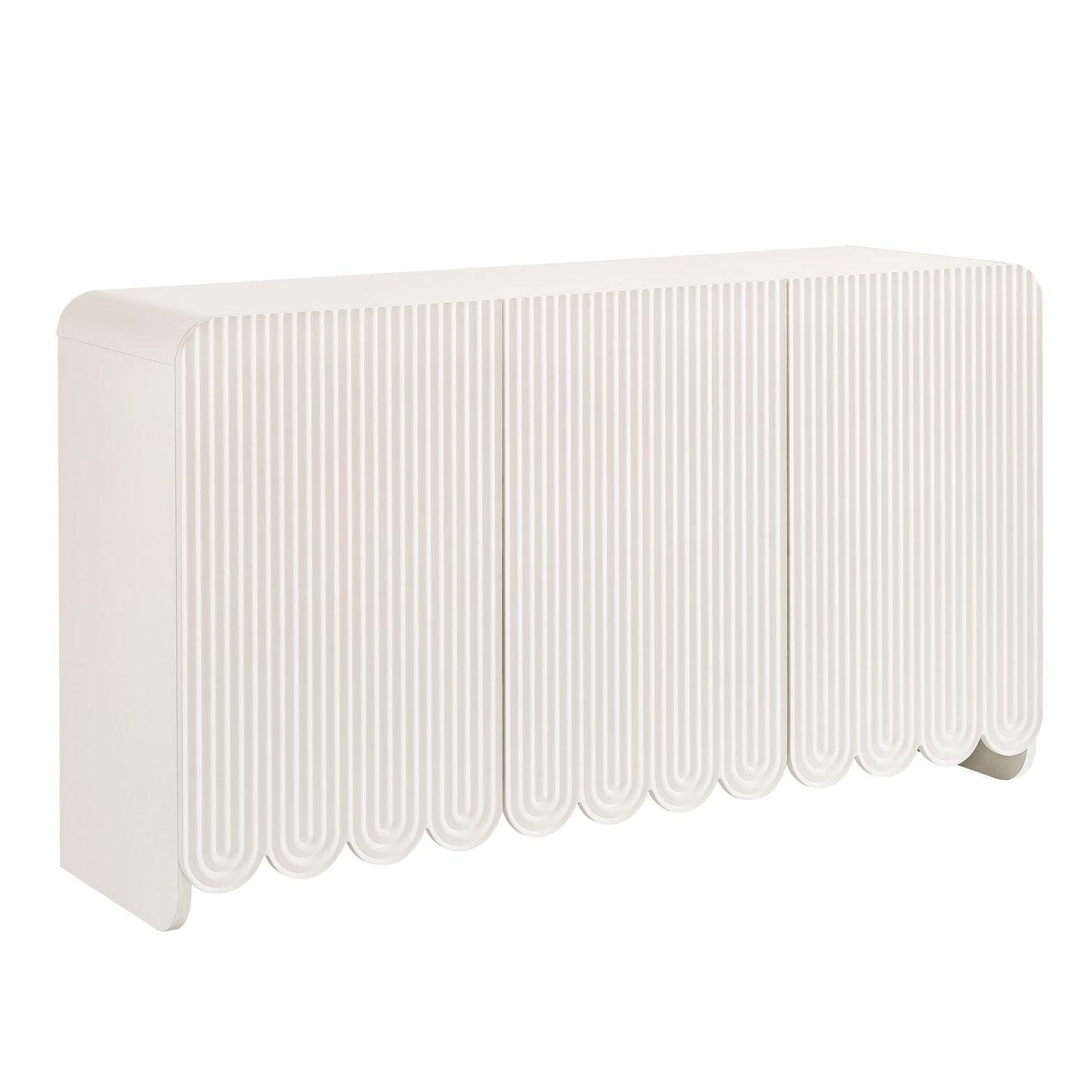 White sideboard storage cabinet with fluted and scalloped detailing.