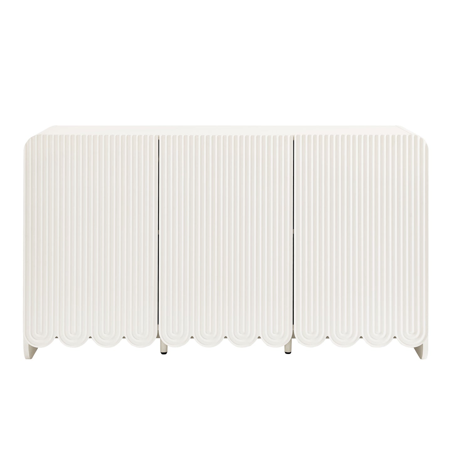 White three-panel sideboard storage cabinet with fluted doors and scalloped bottom edge.