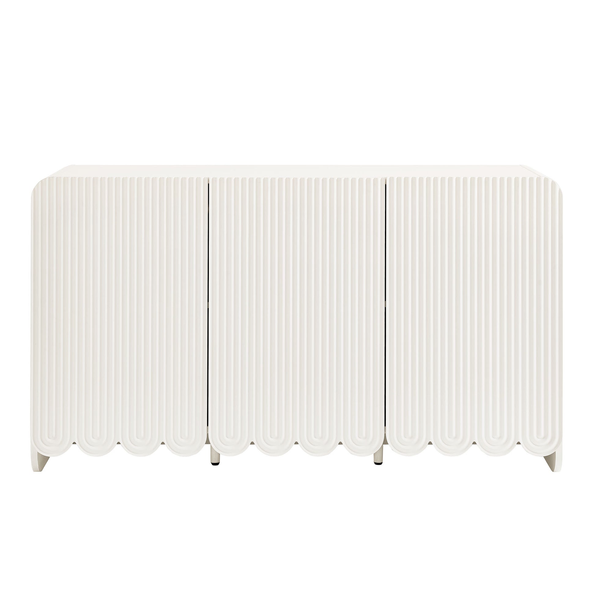 White three-panel sideboard storage cabinet with fluted doors and scalloped bottom edge.