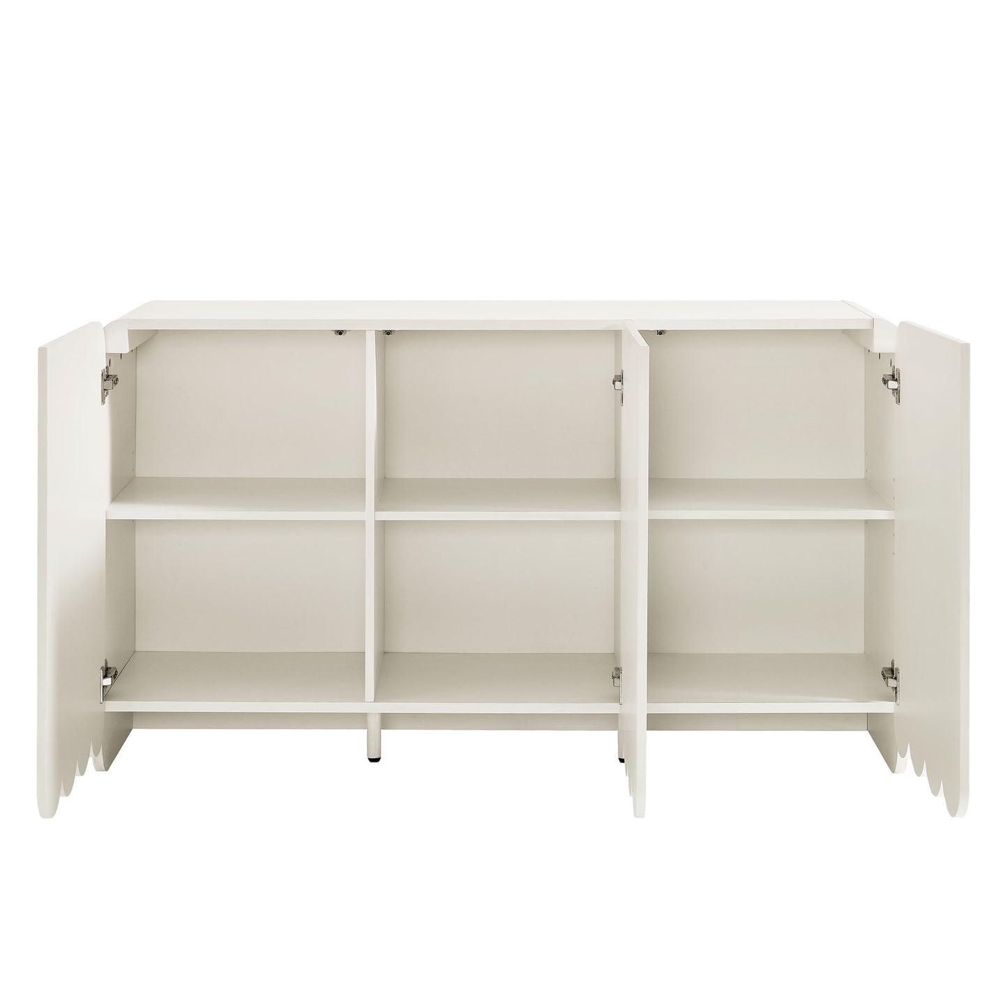 White storage cabinet with doors open, six cubby compartments in a 3x2 grid, engineered wood, modern home storage unit.