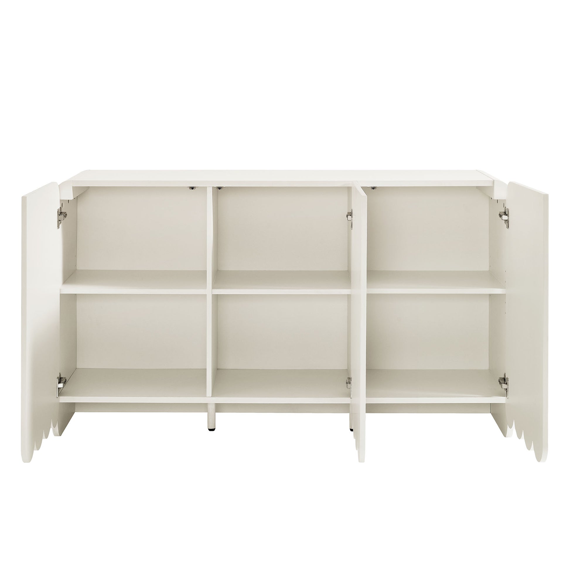 White storage cabinet with doors open, six cubby compartments in a 3x2 grid, engineered wood, modern home storage unit.