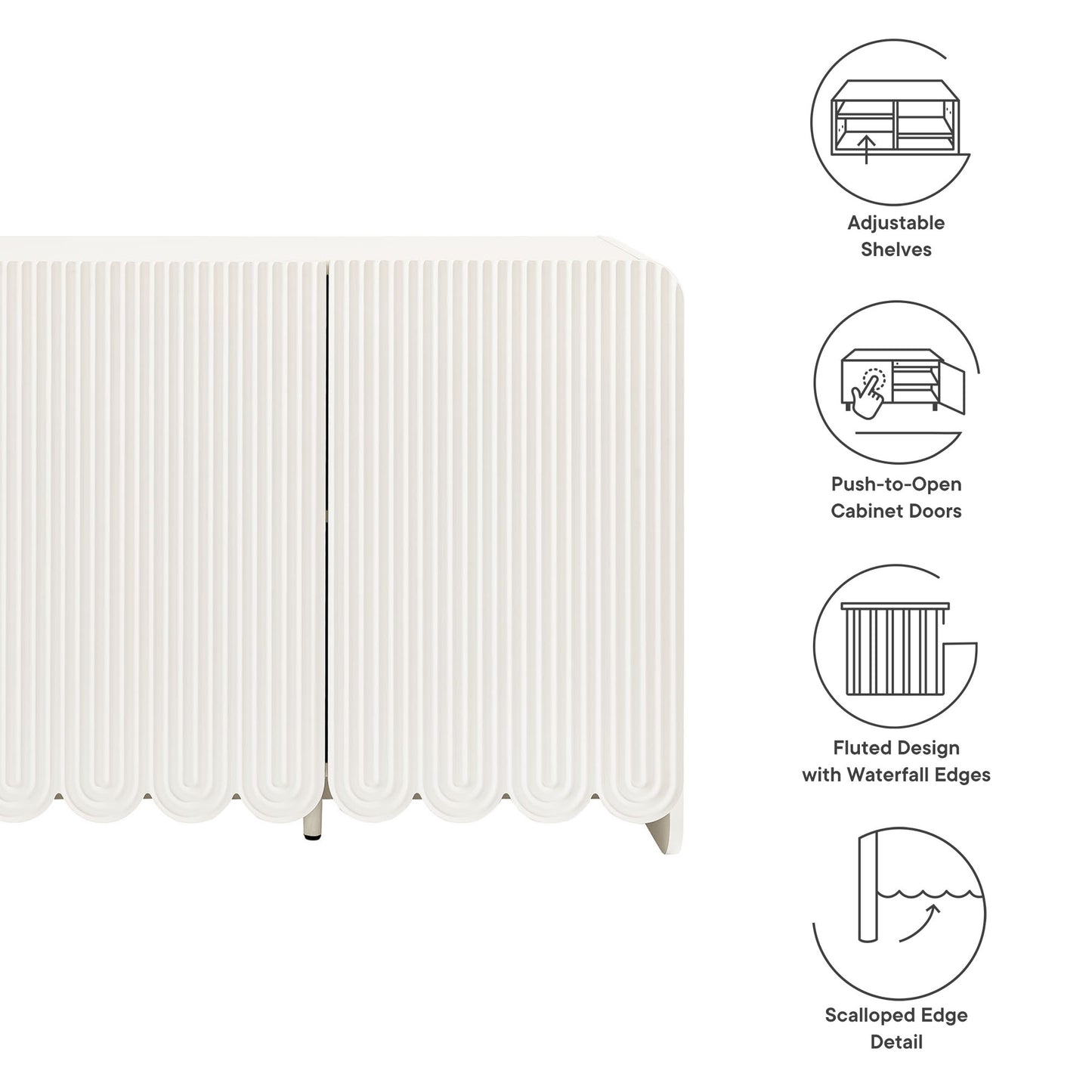 White scalloped-edge sideboard storage cabinet with fluted radiator-style panels, push-to-open doors and adjustable shelves.