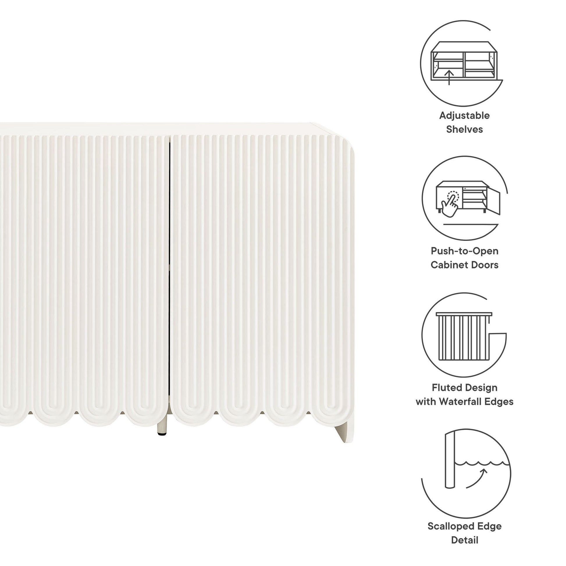 White scalloped-edge sideboard storage cabinet with fluted radiator-style panels, push-to-open doors and adjustable shelves.