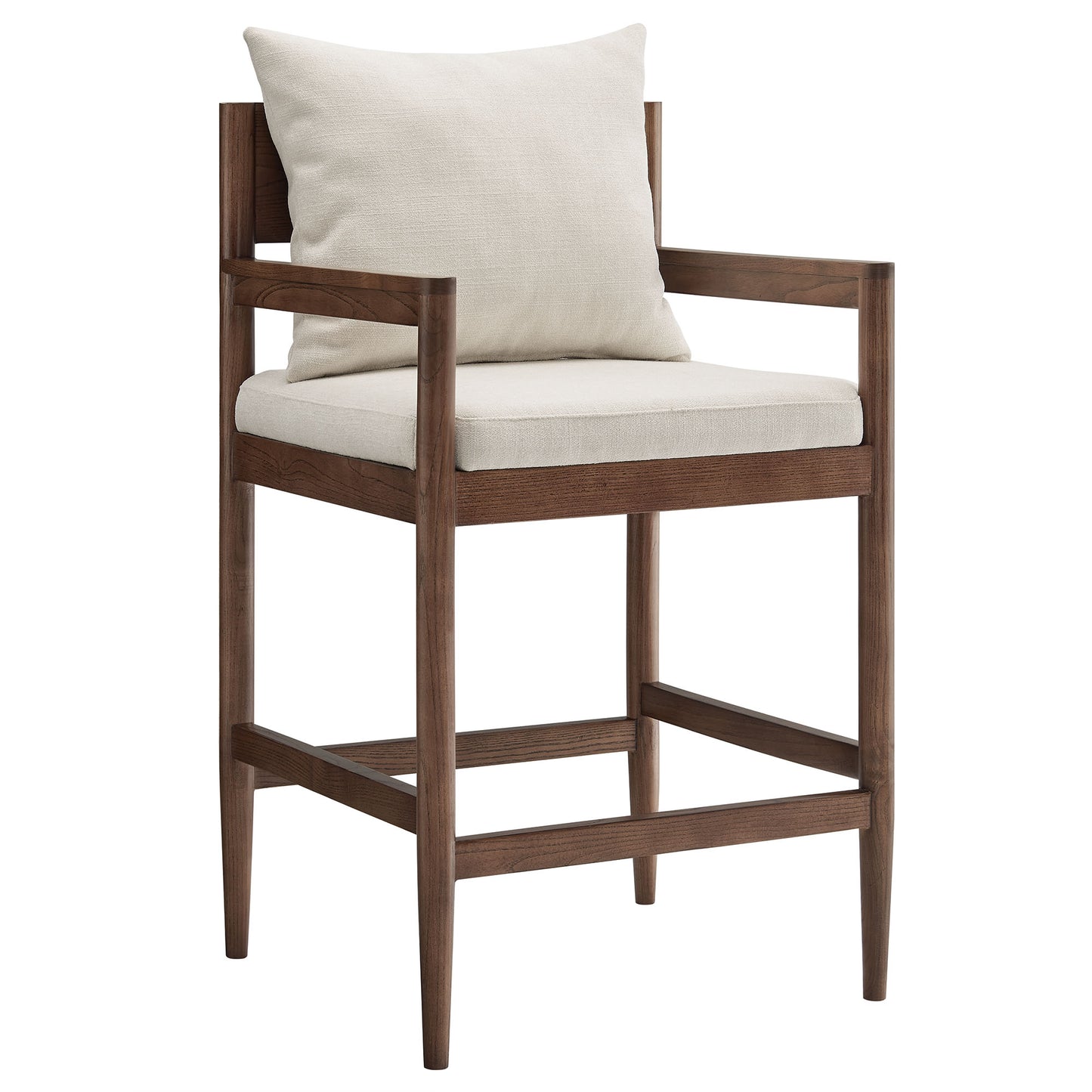 Walnut wood counter stool with cream cushions; straight arms and legs, mid-century modern style.