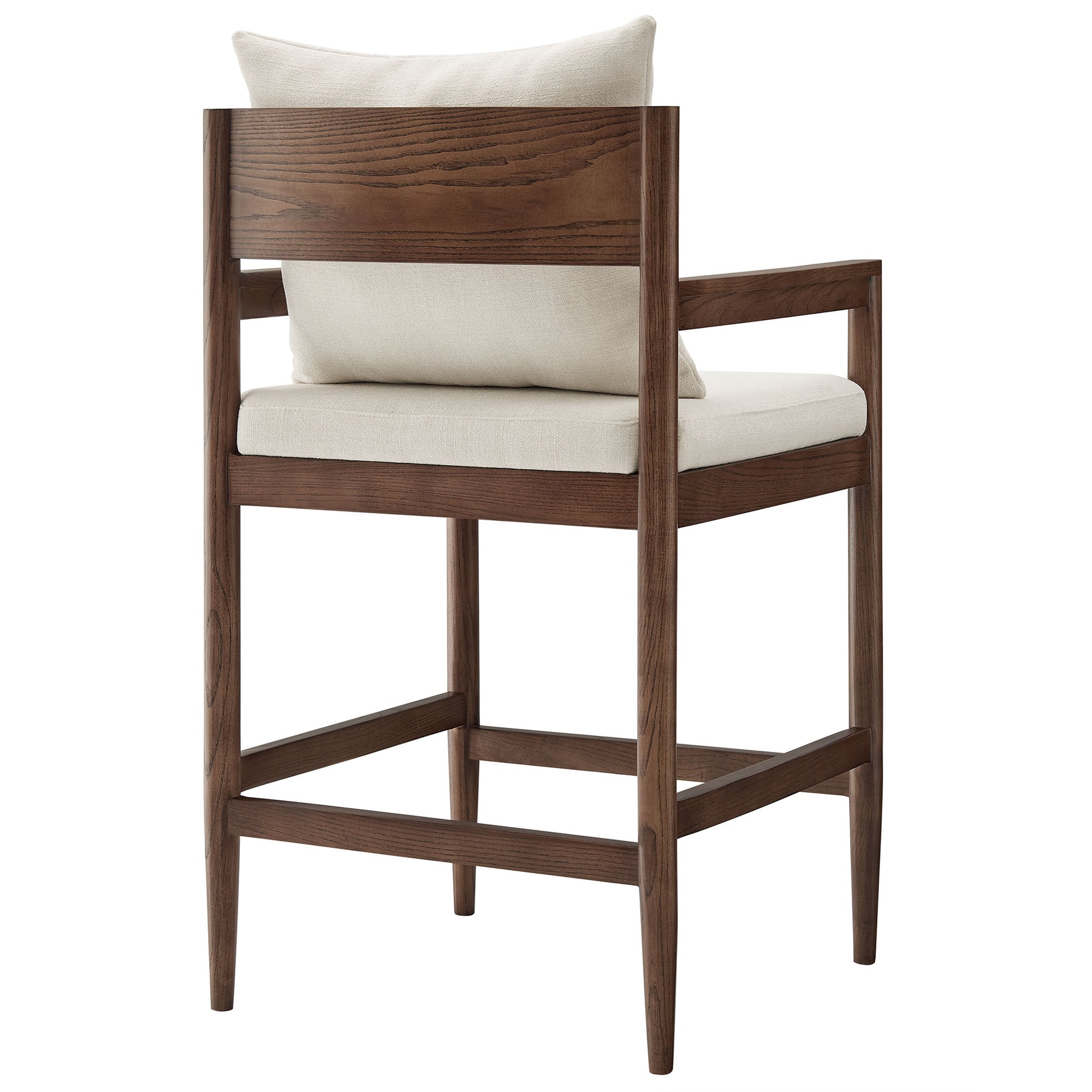 Dark walnut wooden dining chair with beige cushions, square arms, and mid-century modern lines.