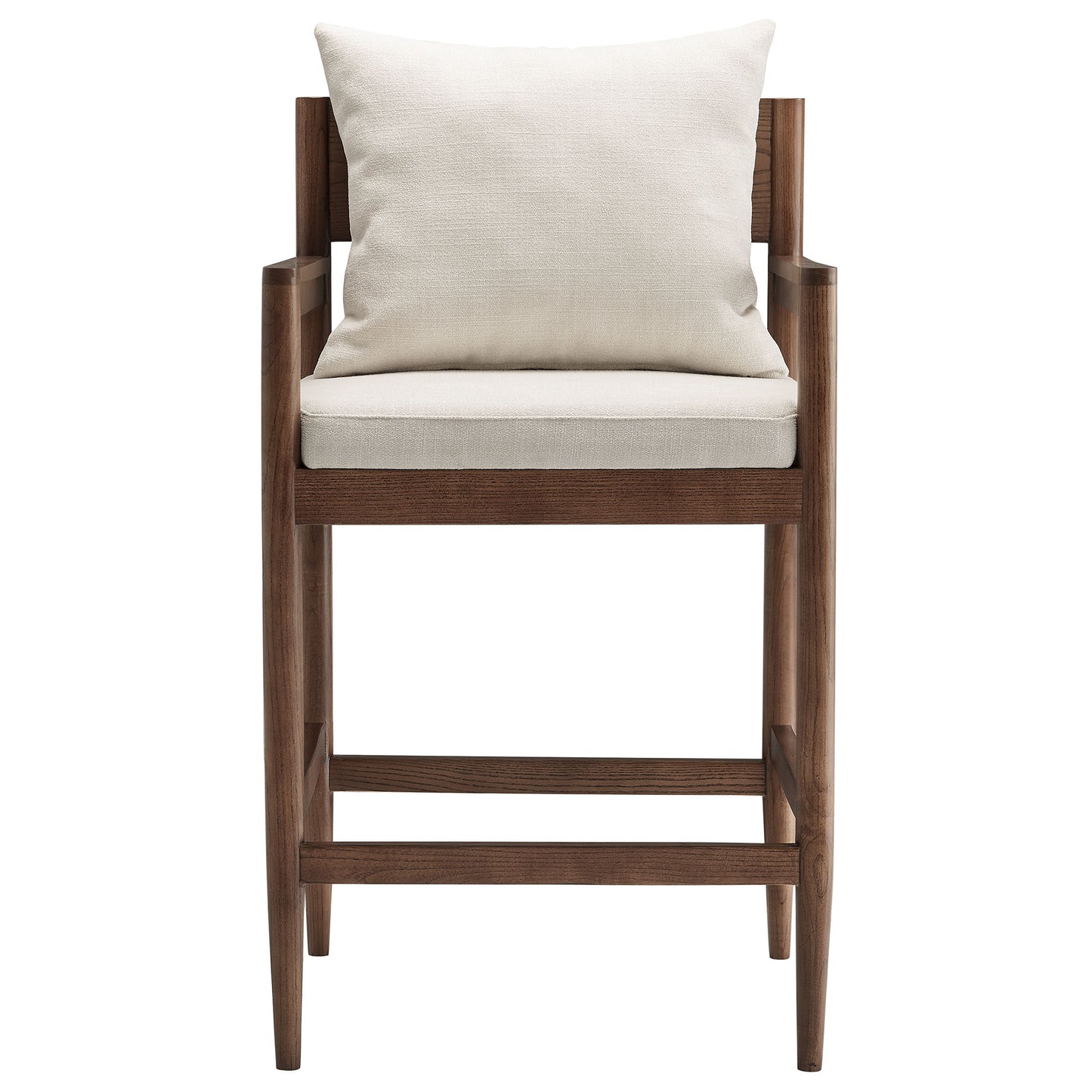 White wood counter stool with cream cushioned seat and back, armrests and footrest.