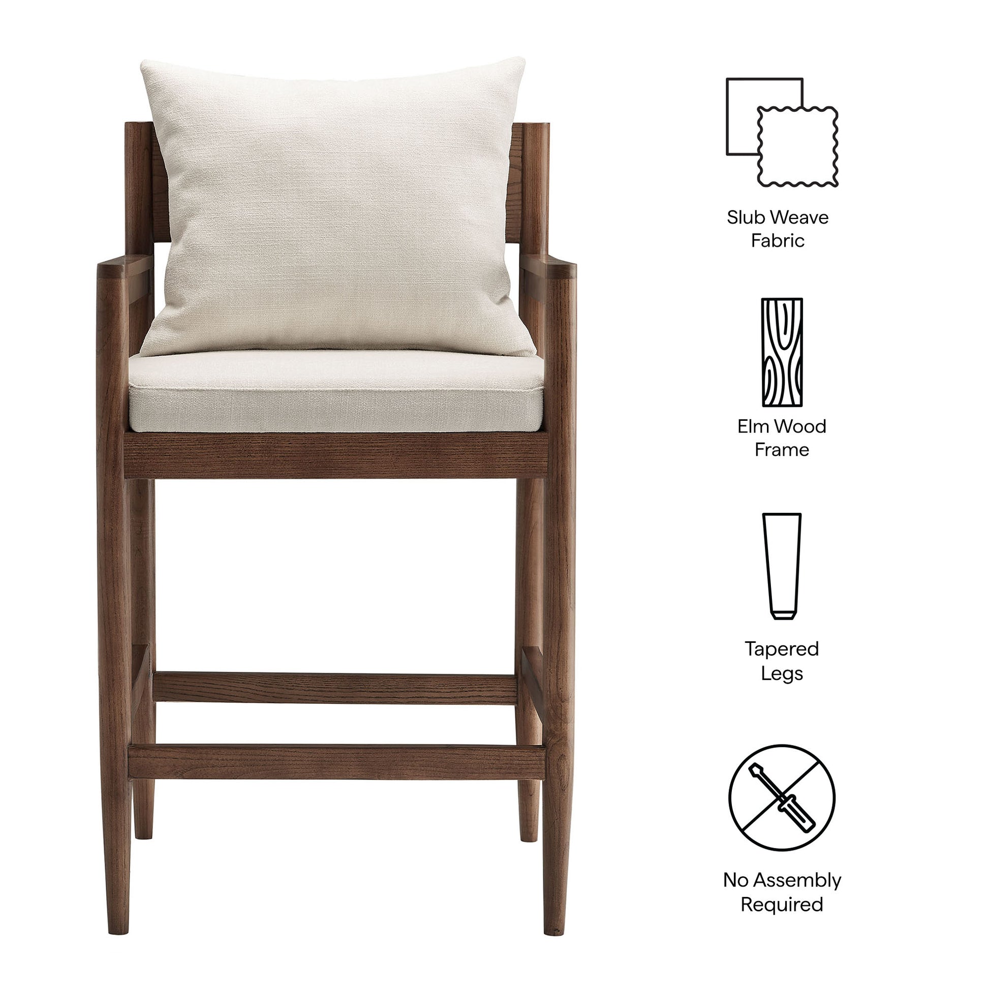 Elm wood frame with dark stain, tapered legs, and light beige slub-weave cushions; contemporary counter stool; no assembly.