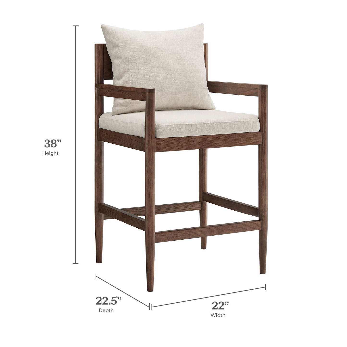 White counter stool with wood accents; clean lines, modern design; 38" H x 22" W x 22.5" D