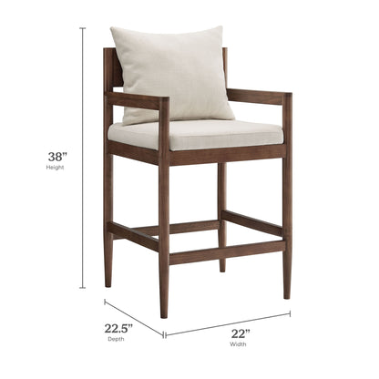 White counter stool with wood accents; clean lines, modern design; 38" H x 22" W x 22.5" D
