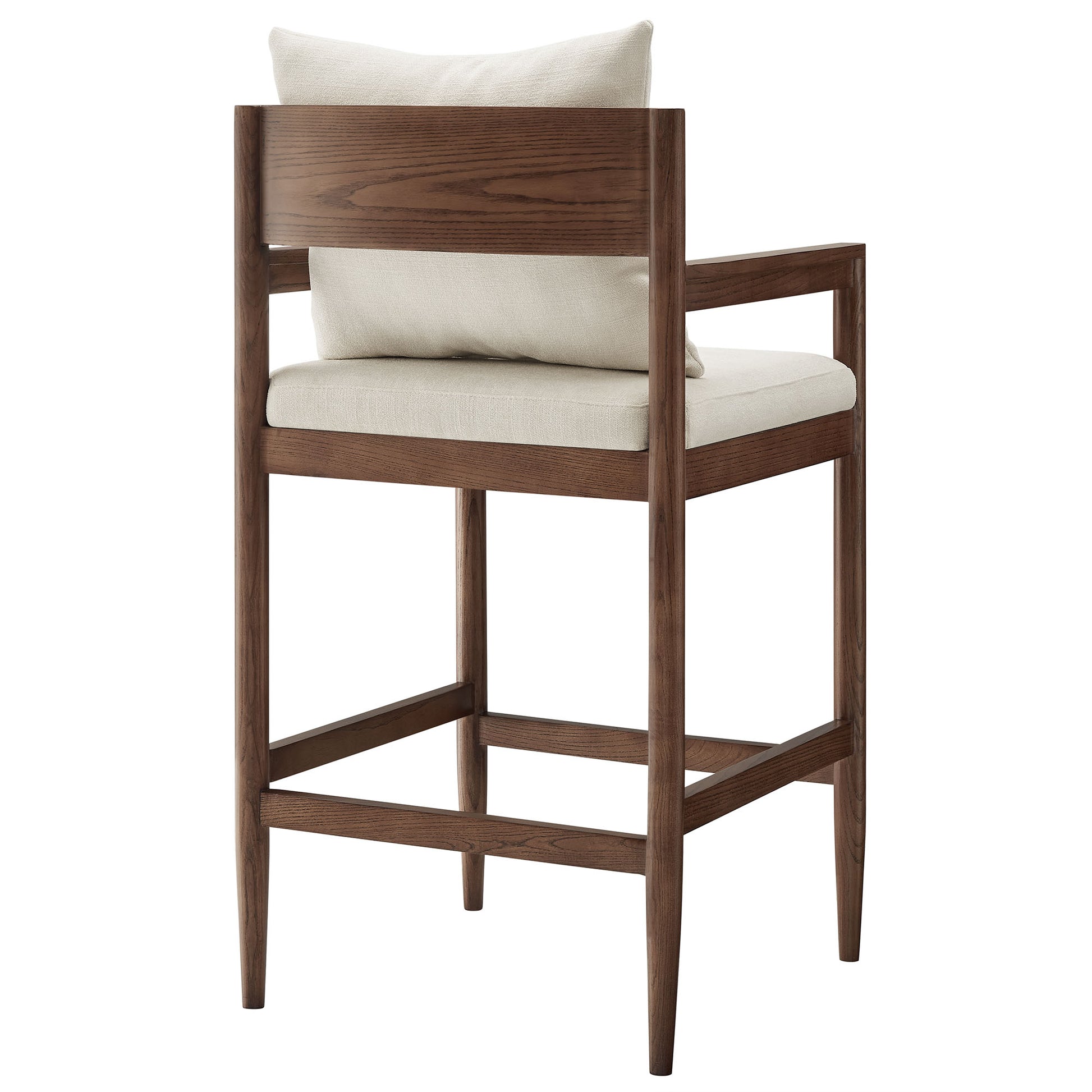 White wood bar stool with cream upholstered seat and back cushions, wooden back panel, tapered legs.