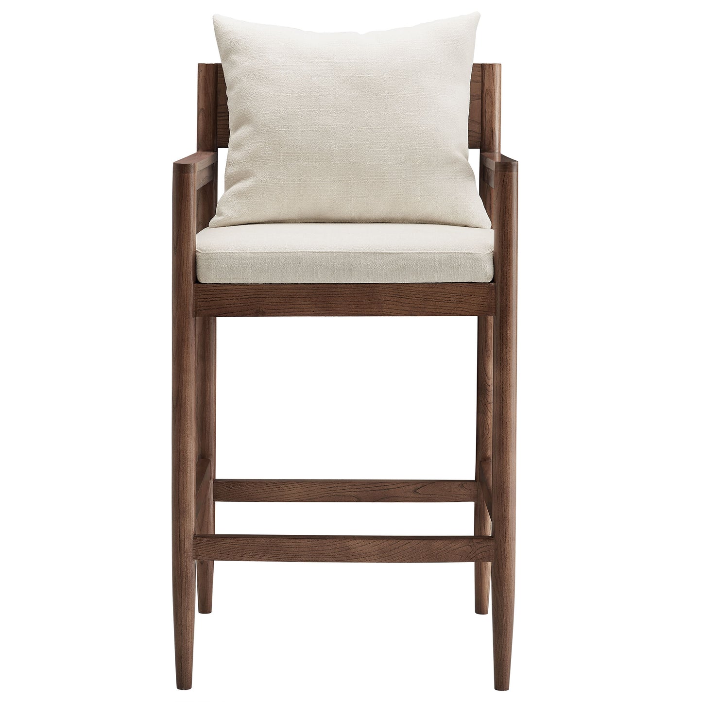 Dark walnut wooden bar stool with beige upholstered seat and back cushions, mid-century modern style.