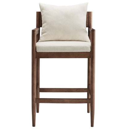 Dark walnut wooden bar stool with beige upholstered seat and back cushions, mid-century modern style.