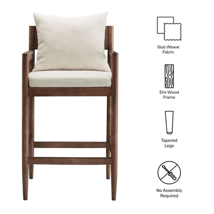 White wood bar stool with light beige sub-weave fabric cushions; tapered legs; no assembly required.