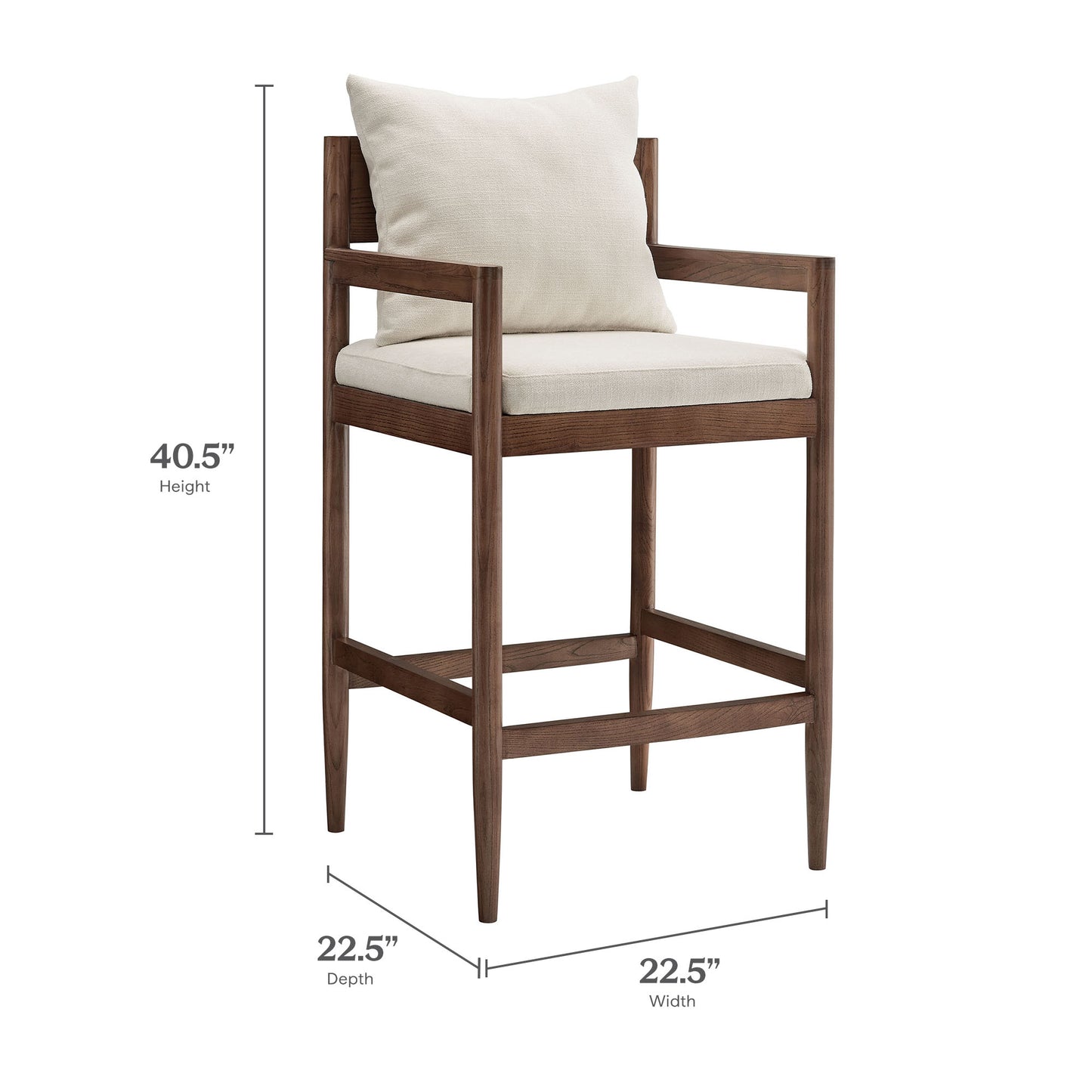 White wood bar stool with cream upholstered seat and back cushion, wooden armrests, square frame.