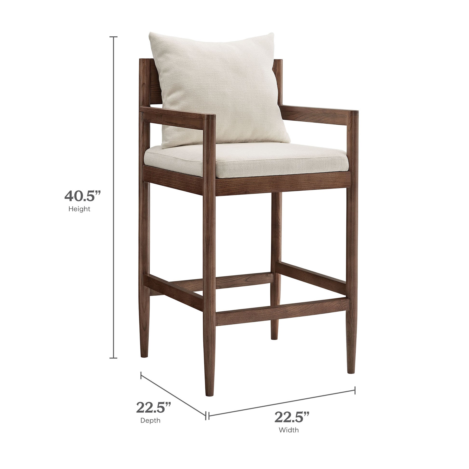 White wood bar stool with cream upholstered seat and back cushion, wooden armrests, square frame.
