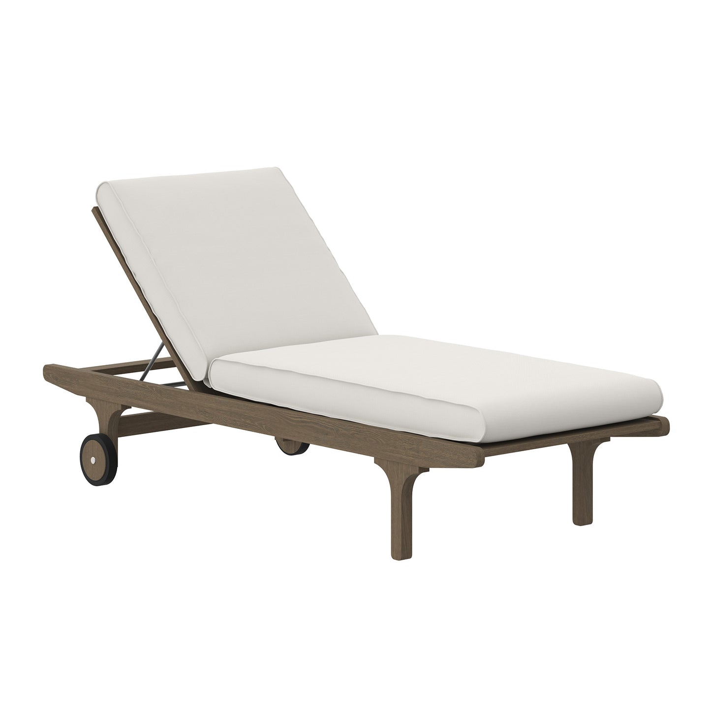 Teak outdoor chaise lounge with white cushions, adjustable backrest, wheeled base and curved legs.
