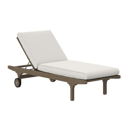Teak outdoor chaise lounge with white cushions, adjustable backrest, wheeled base and curved legs.