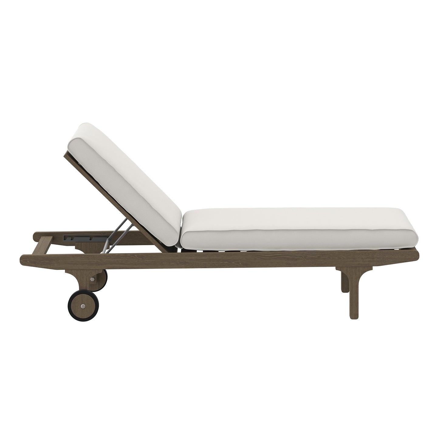 Teak outdoor chaise lounge chair with white cushions, adjustable backrest and rolling wheels for easy repositioning.