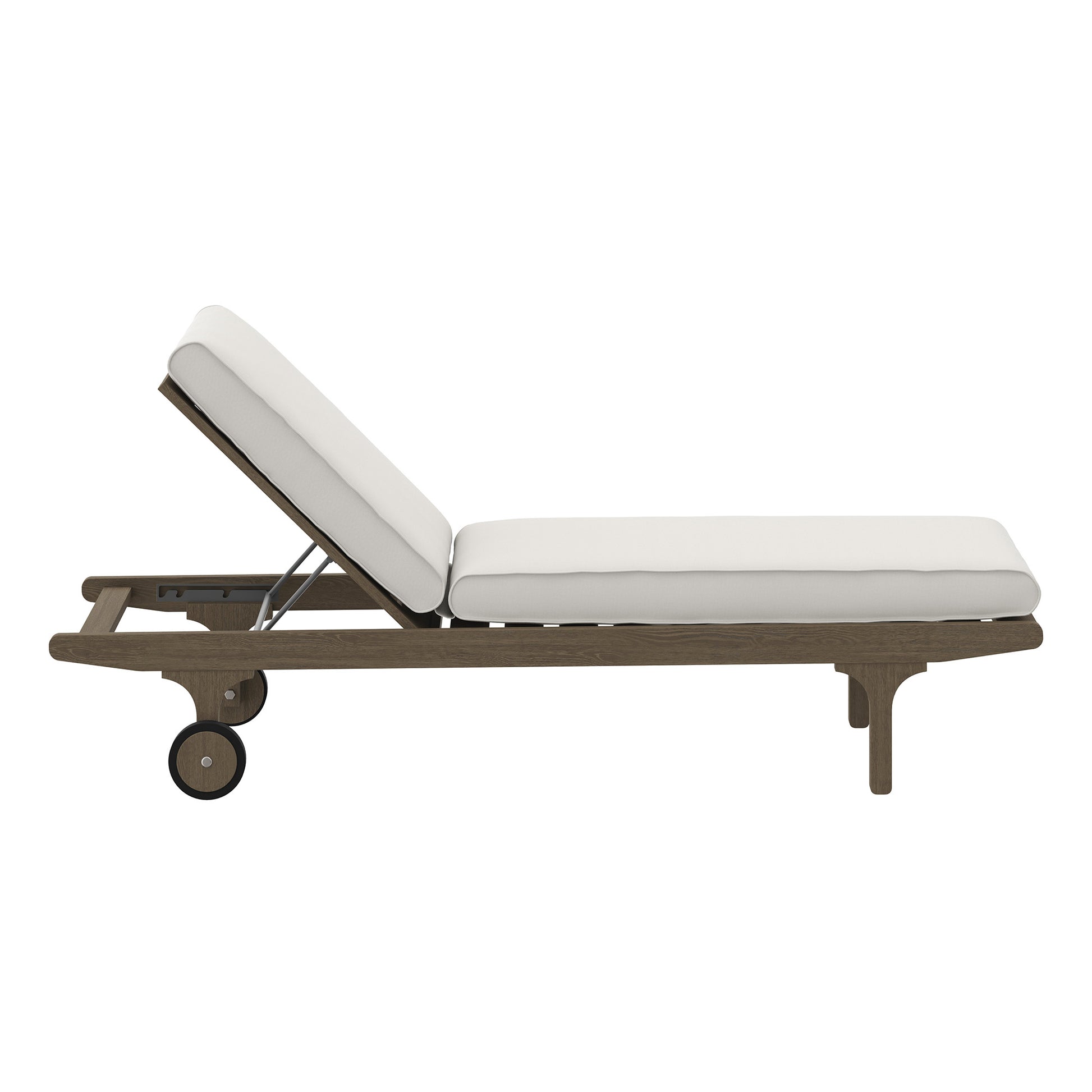 Teak outdoor chaise lounge chair with white cushions, adjustable backrest and rolling wheels for easy repositioning.