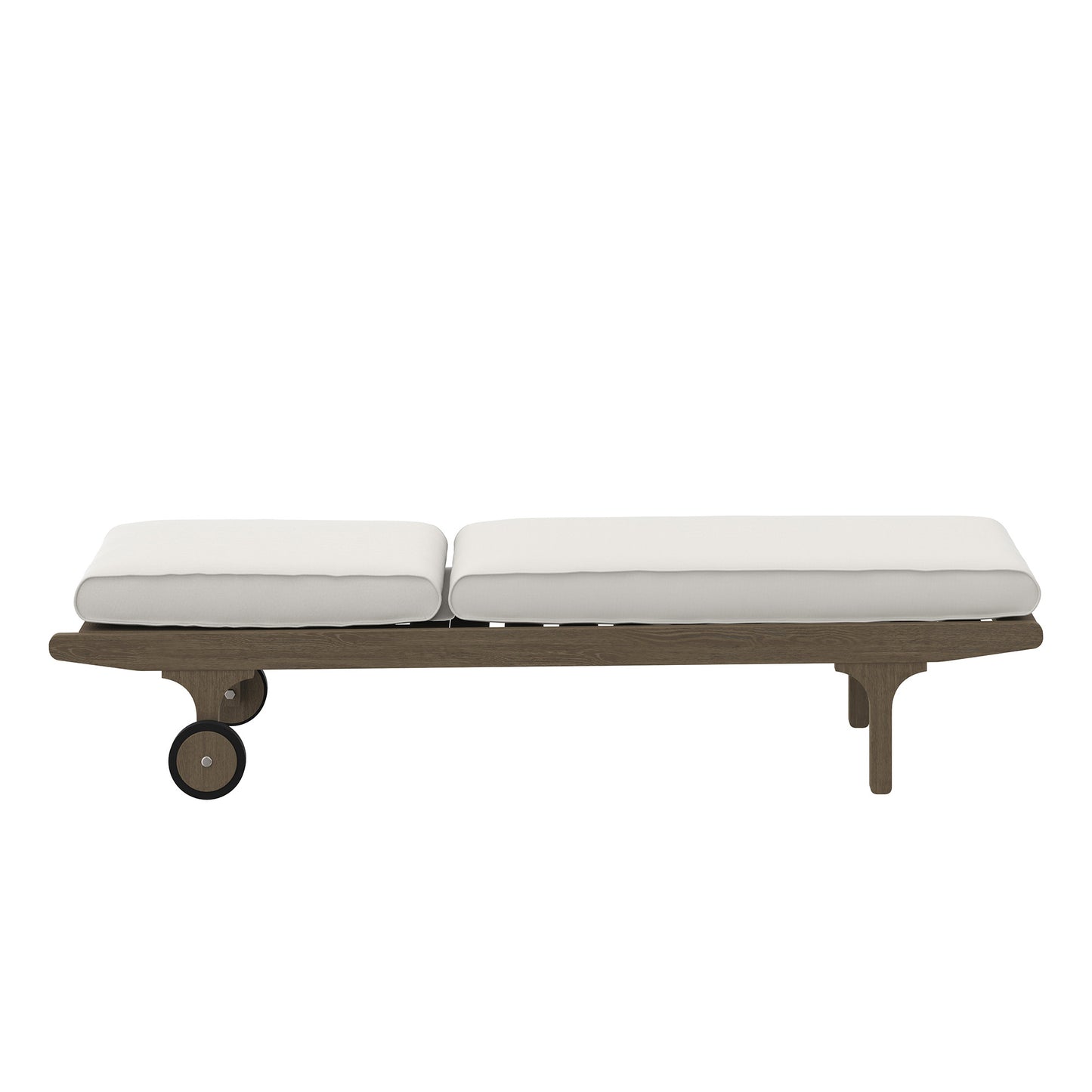 Teak outdoor chaise lounge with two white cushions, long low daybed on wheels.